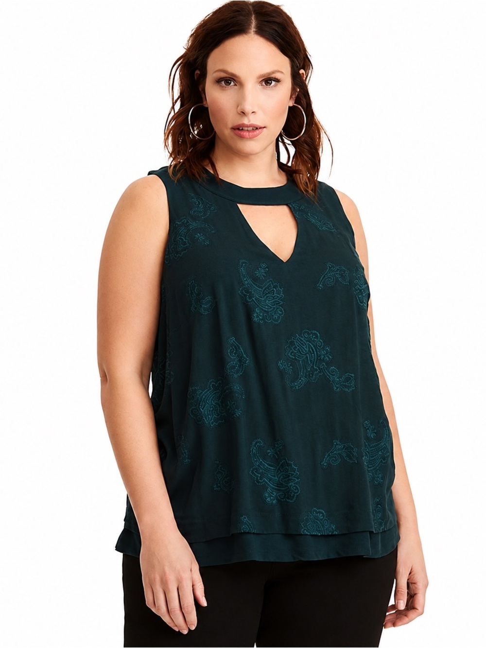 Torrid Dark Green Paisley Embroidered Keyhole Sleeveless Top